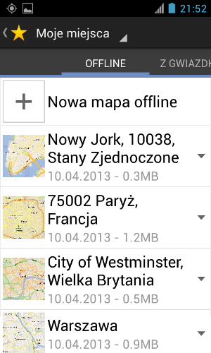Lista map offline dostępnych w Google Maps